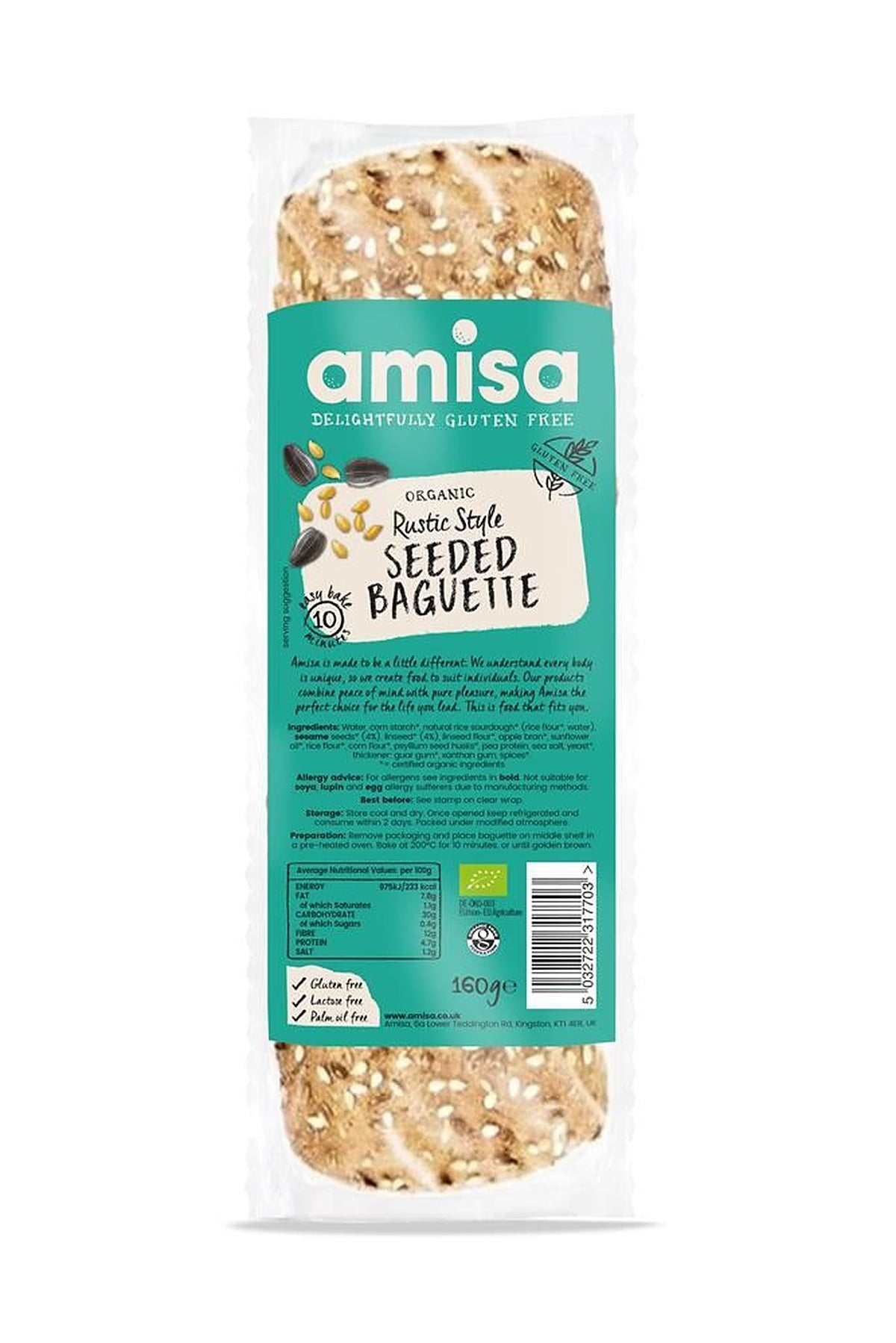 Amisa Organic Gluten Free Rustic Style Seeded Baguette 160g