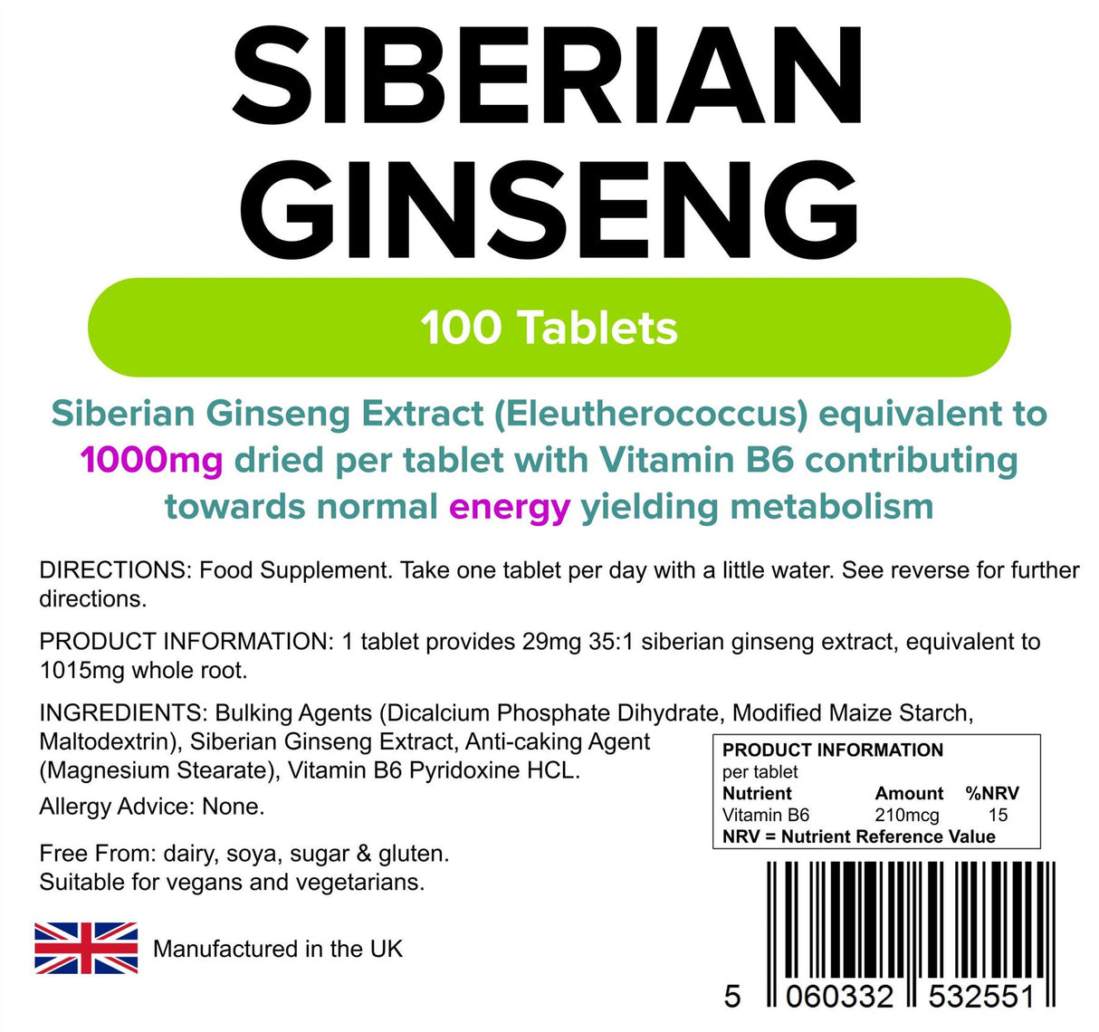 Lindens Siberian Ginseng 1000mg - 100 Tablets