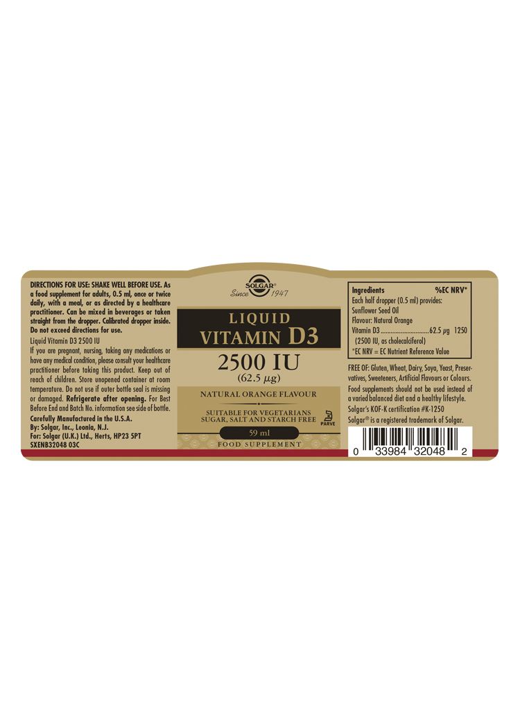 Solgar Liquid Vitamin D3 2500 IU (62.5 µg) - Natural Orange Flavour - 59ml