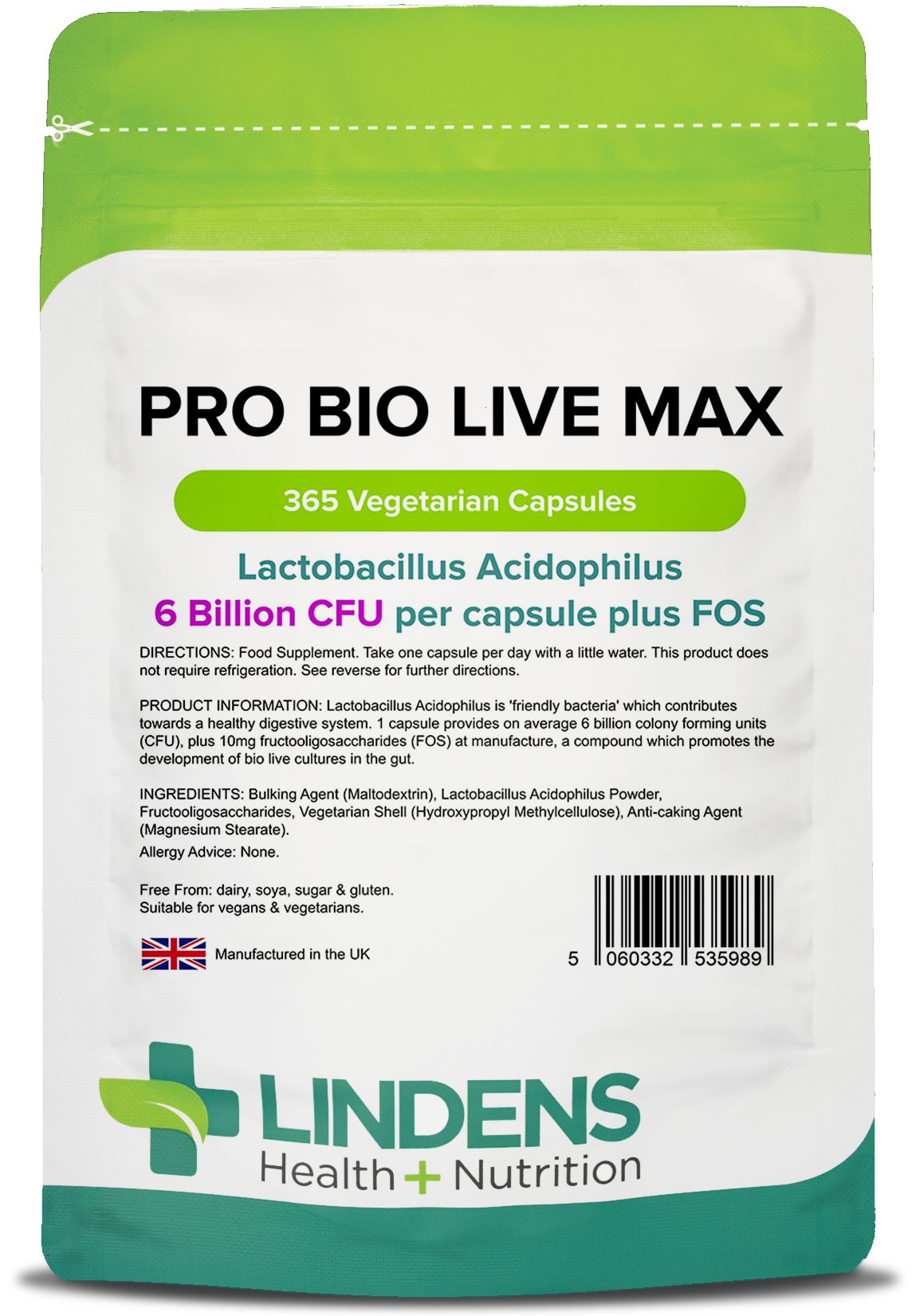 Lindens Pro Bio Live Max 6bn CFU - 365 Capsules