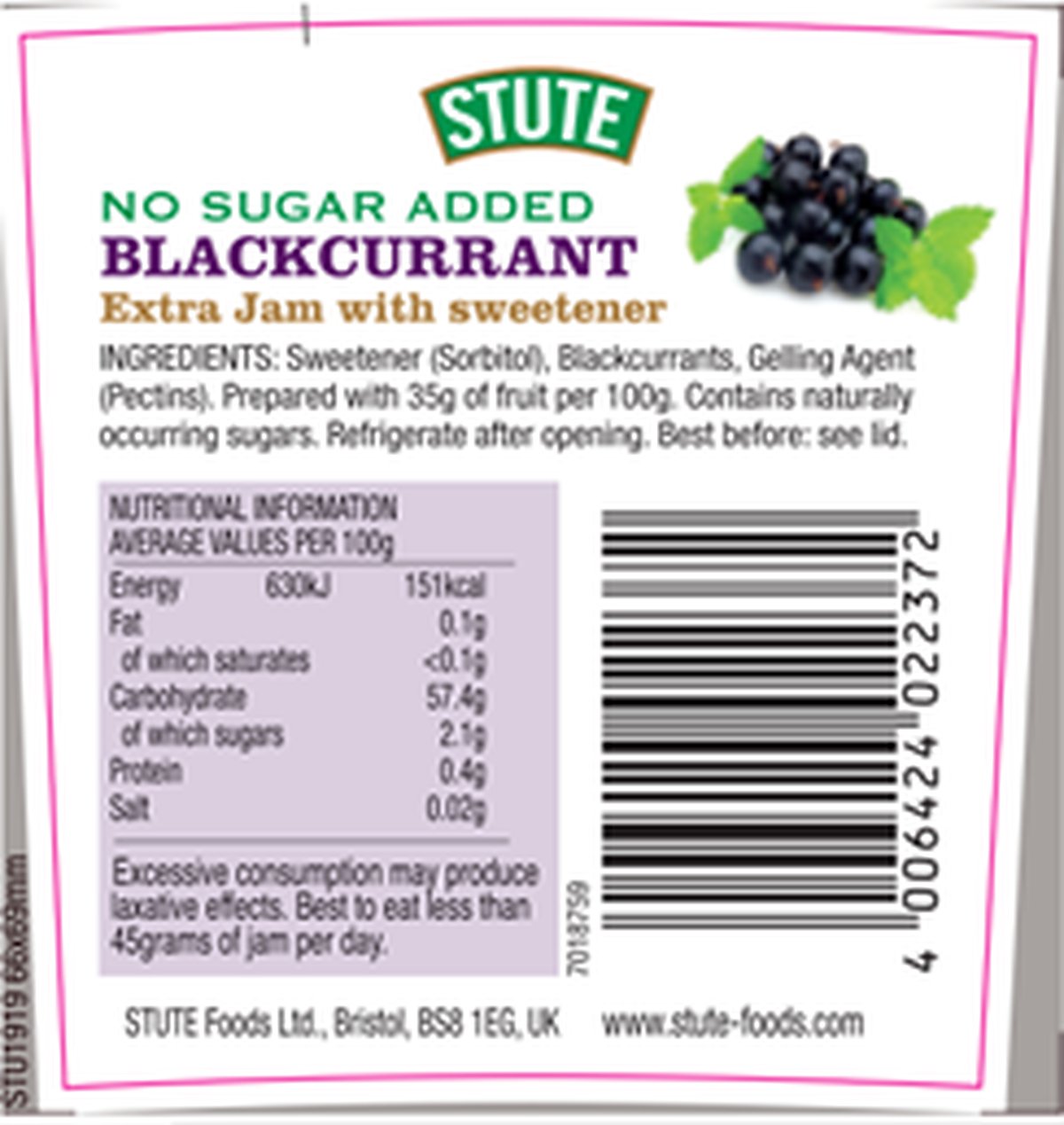 Stute No Sugar Added Blackcurrant Jam 430g - 2 Pack - image 2