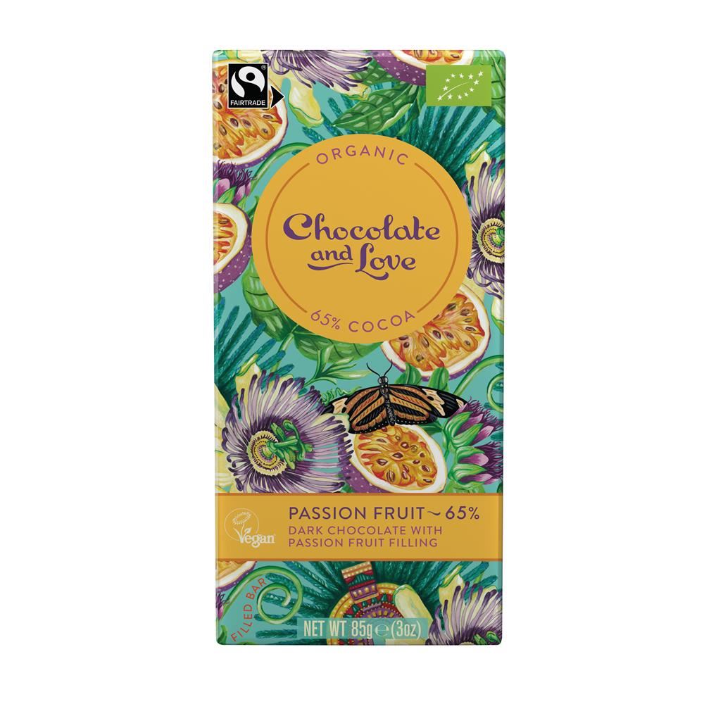 Chocolate and Love Organic filled Dark Choc - Passion Fruit 65% Cocoa 85g