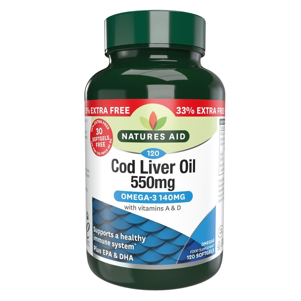 Natures Aid Promo Packs Cod Liver Oil 550mg - 33% EXTRA FILL 120 Caps