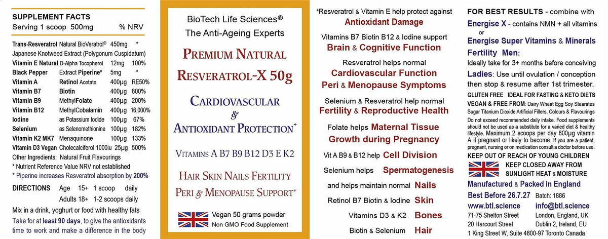 Resveratrol-X + Vit A B7 B9 B12 D3 E K2 Iodine & Selenium 50g
