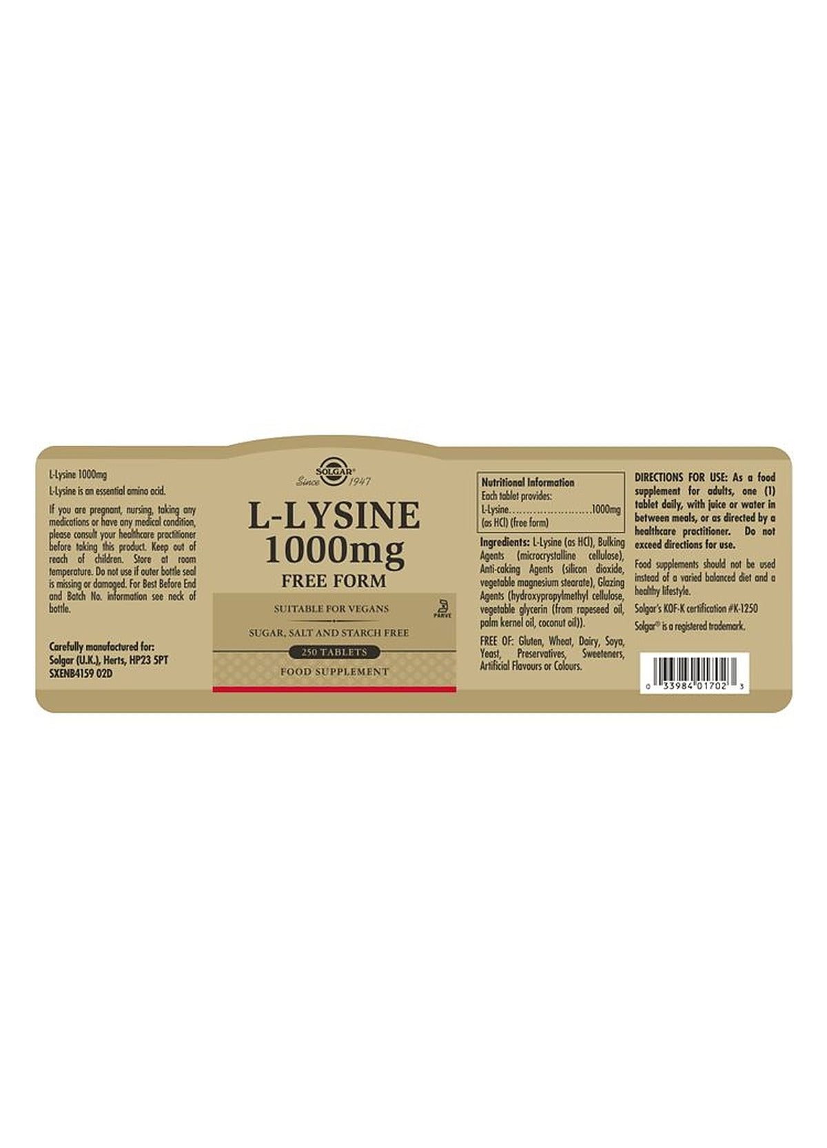Solgar L-Lysine 1000 mg - 250 Tablets - image 3