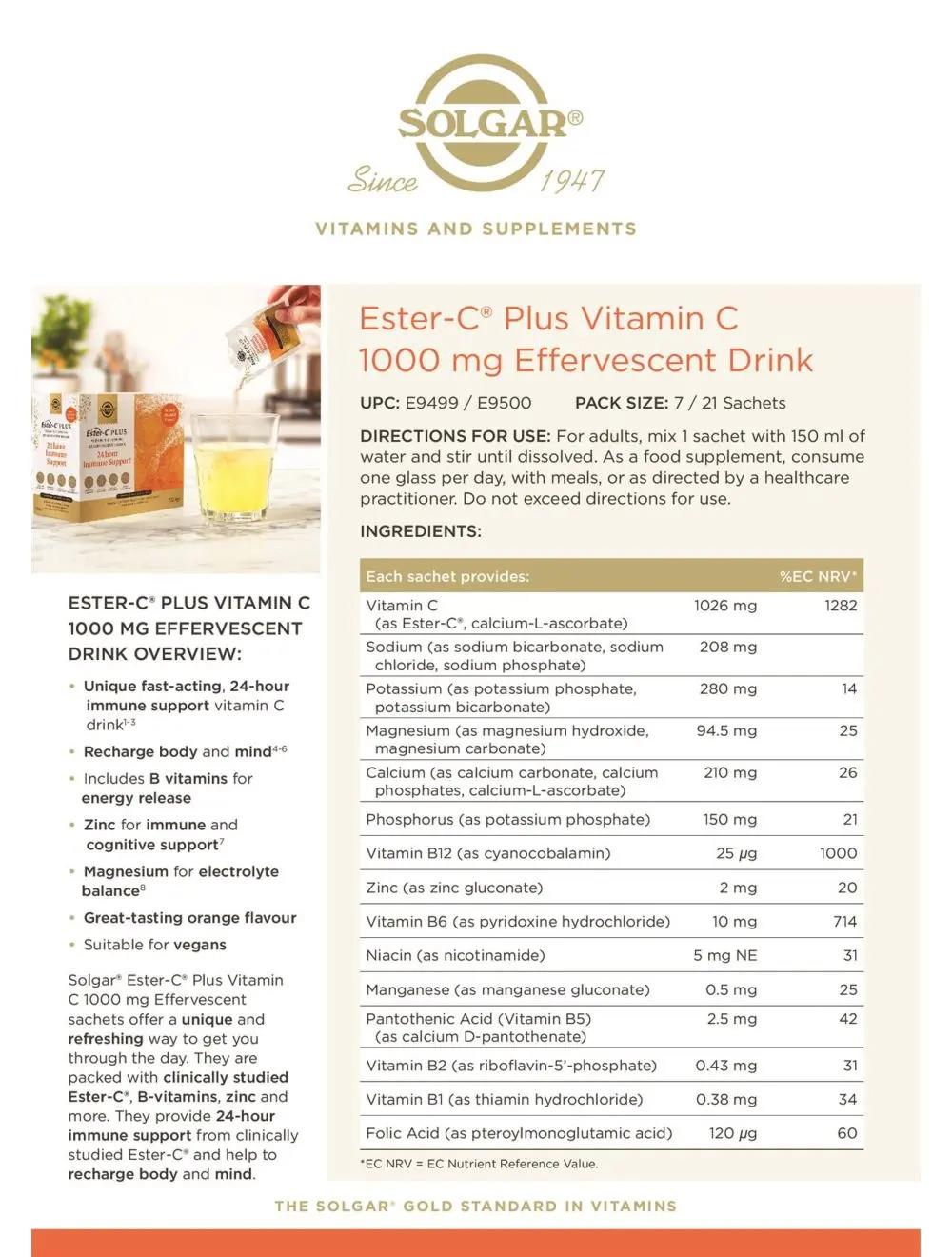 Solgar Ester-C Plus Vitamin C 1000mg Effervescent Drink Orange Flavour - 21 Sachets