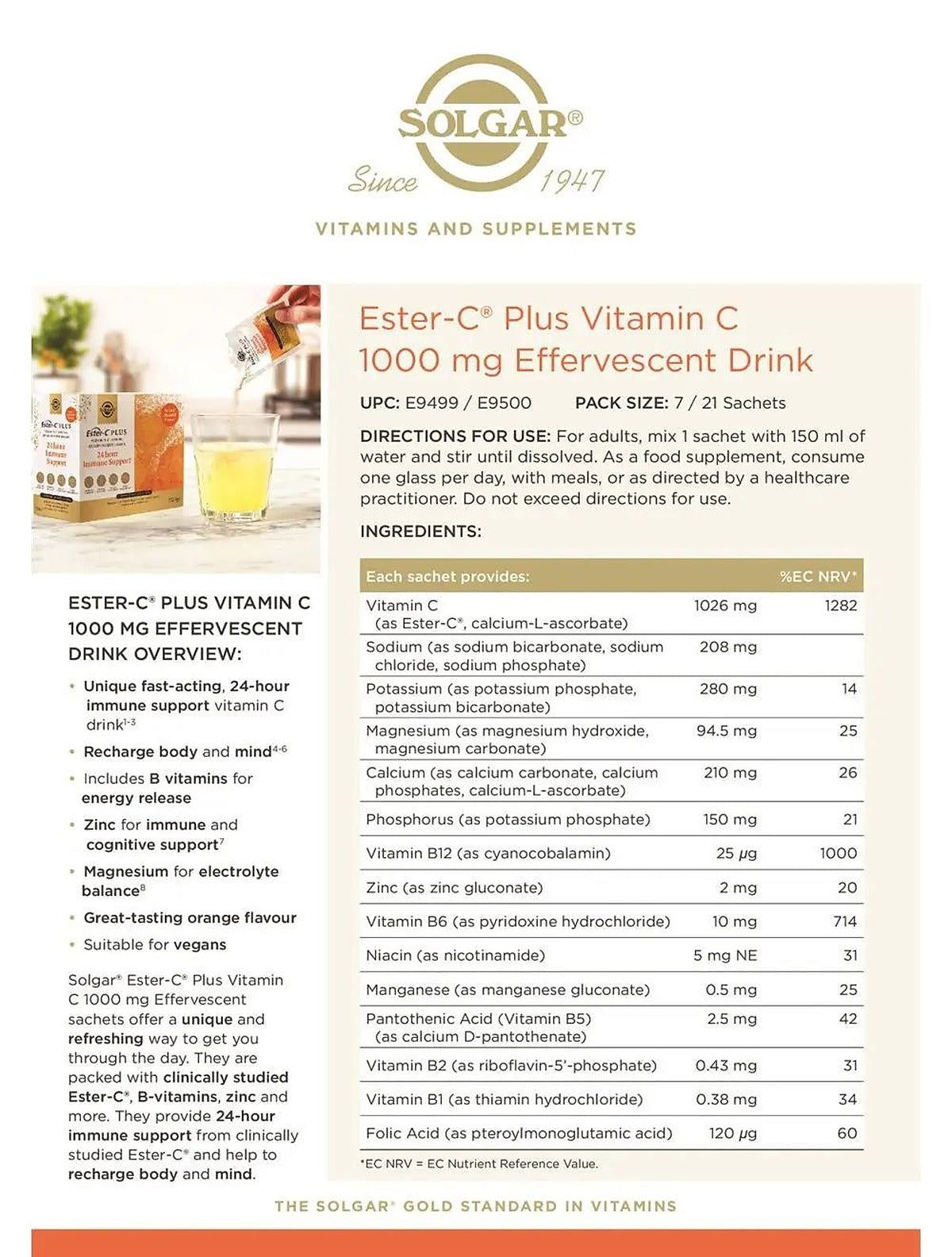 Solgar Ester-C Plus Vitamin C 1000mg Effervescent Drink Orange Flavour - 21 Sachets - image 2