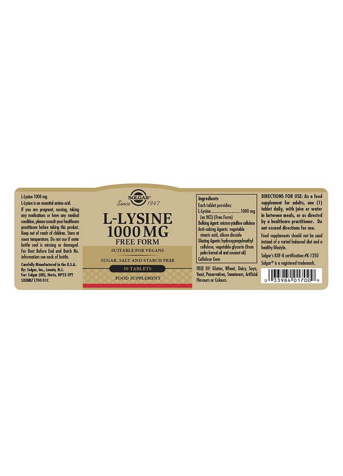 Solgar L-Lysine 1000 mg - 50 Tablets - image 3