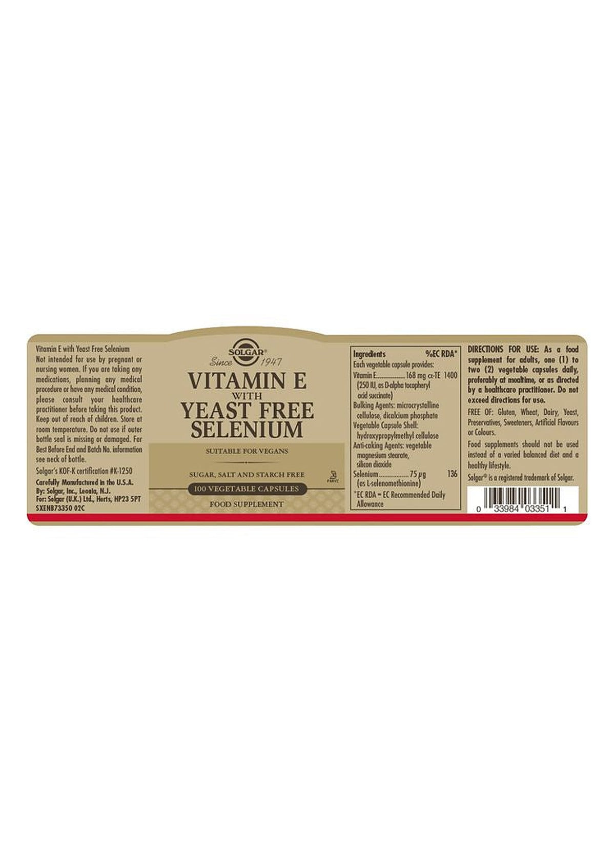 Solgar Vitamin E with Yeast Free Selenium - 100 Vegicaps - image 3