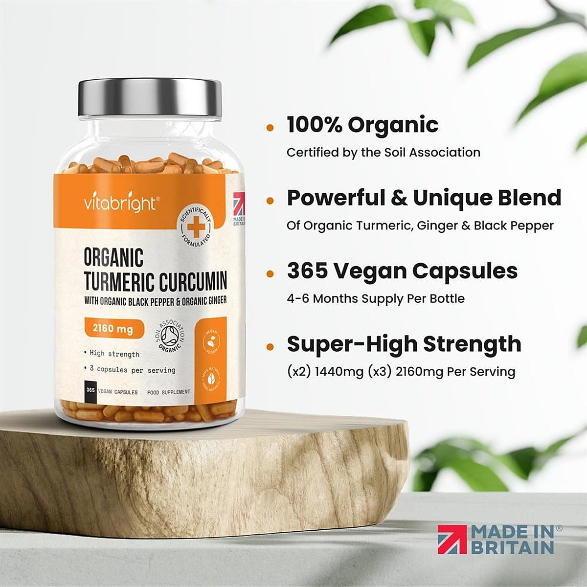 Vitabright Organic Turmeric Curcumin 2160mg 365 Capsules