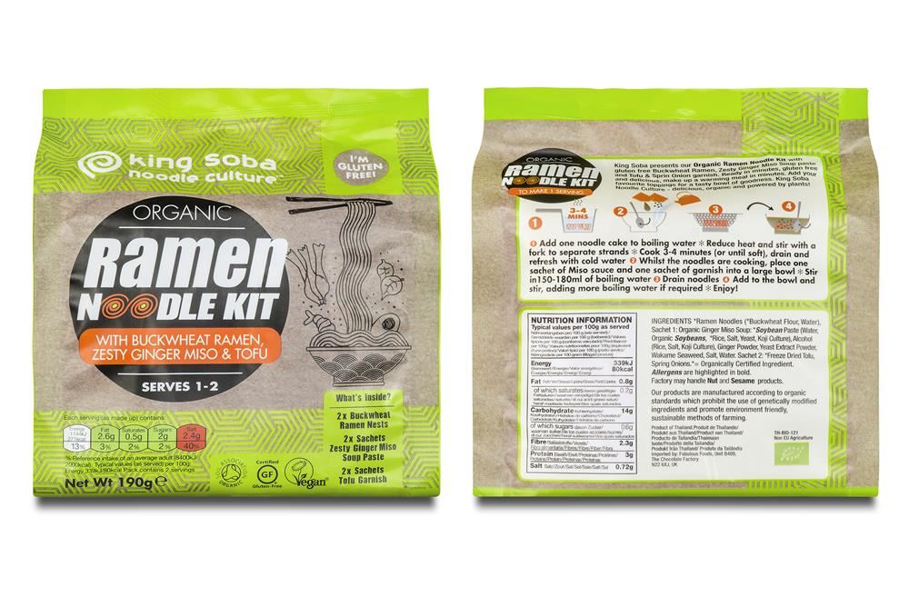 King Soba Organic Buckwheat Ramen Noodle Kit Zesty Ginger Miso & Tofu 190g