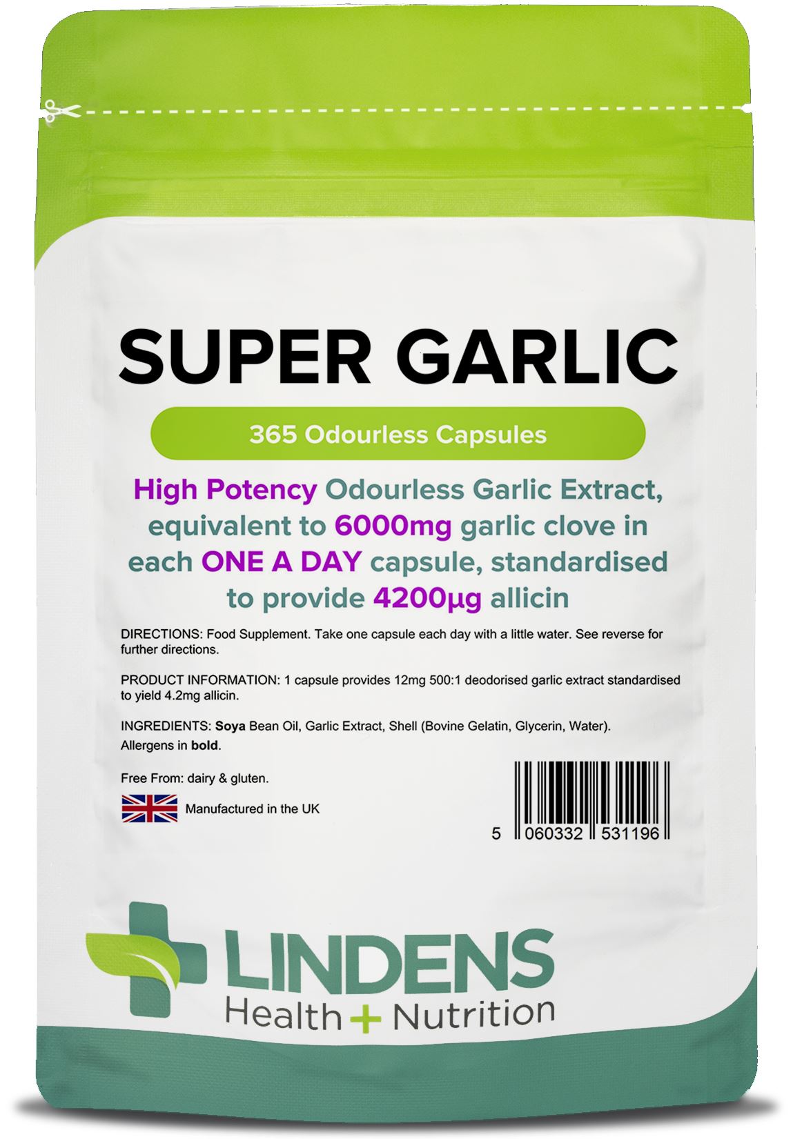 Lindens Garlic 6000mg - 365 Odourless Capsules (Super Garlic)