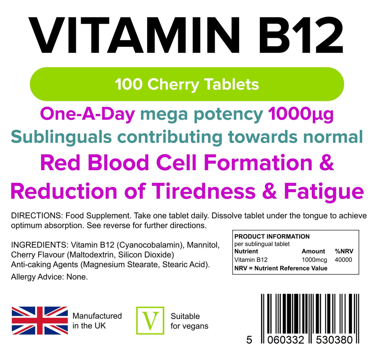 Lindens Vitamin B12 1000mcg - 100 Sublingual Tablets