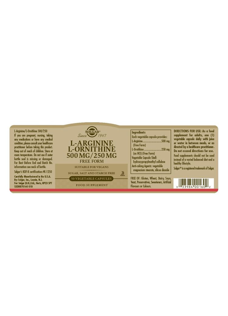 Solgar L-Arginine 500 mg / L-Ornithine 250 mg - 50 Vegicaps