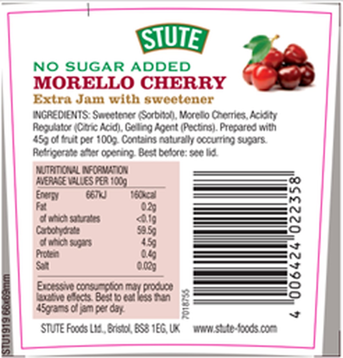 Stute No Sugar Added Morello Cherry Jam 430g - 2 Pack - image 2