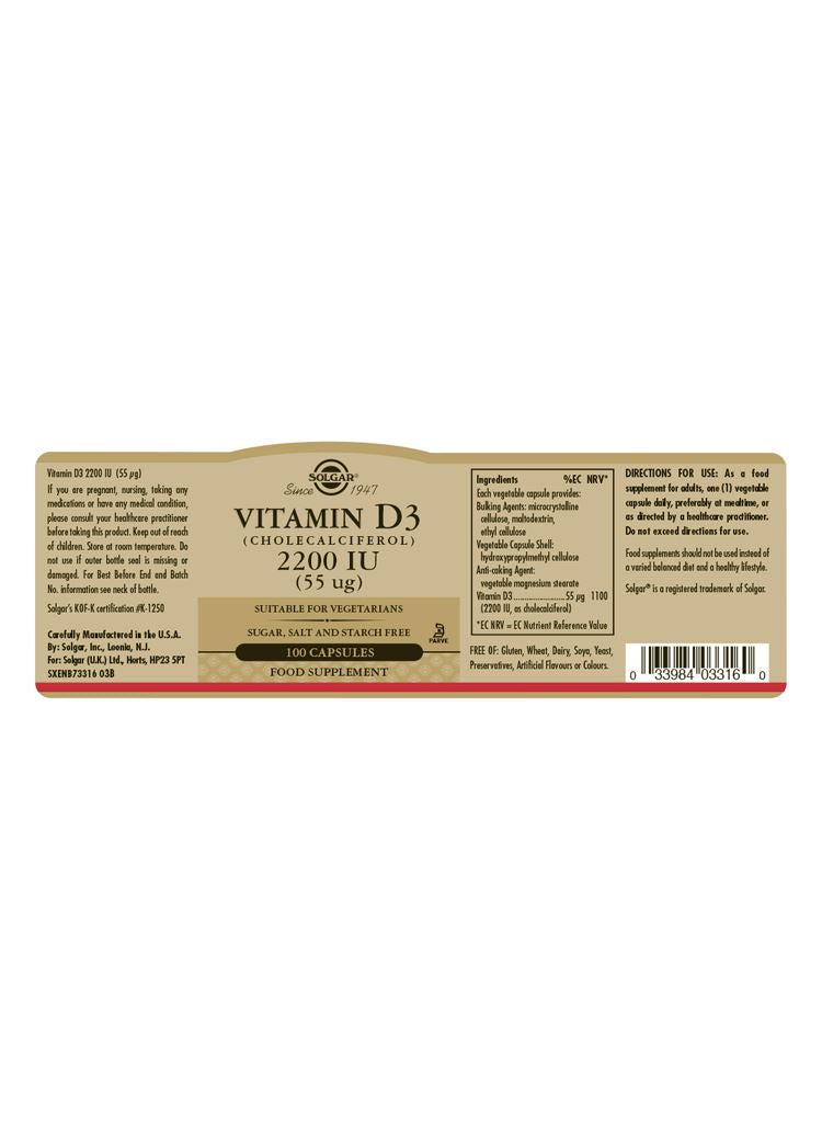 Solgar Vitamin D3 (Cholecalciferol) 2200IU  (55 µg) - 100 Vegicaps