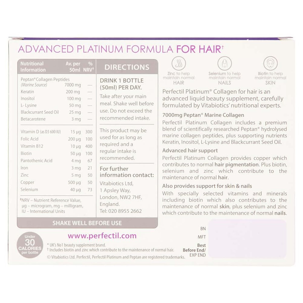 Vitabiotics Perfectil Platinum Collagen 7000mg Hair - 10 x 50ml - image 6