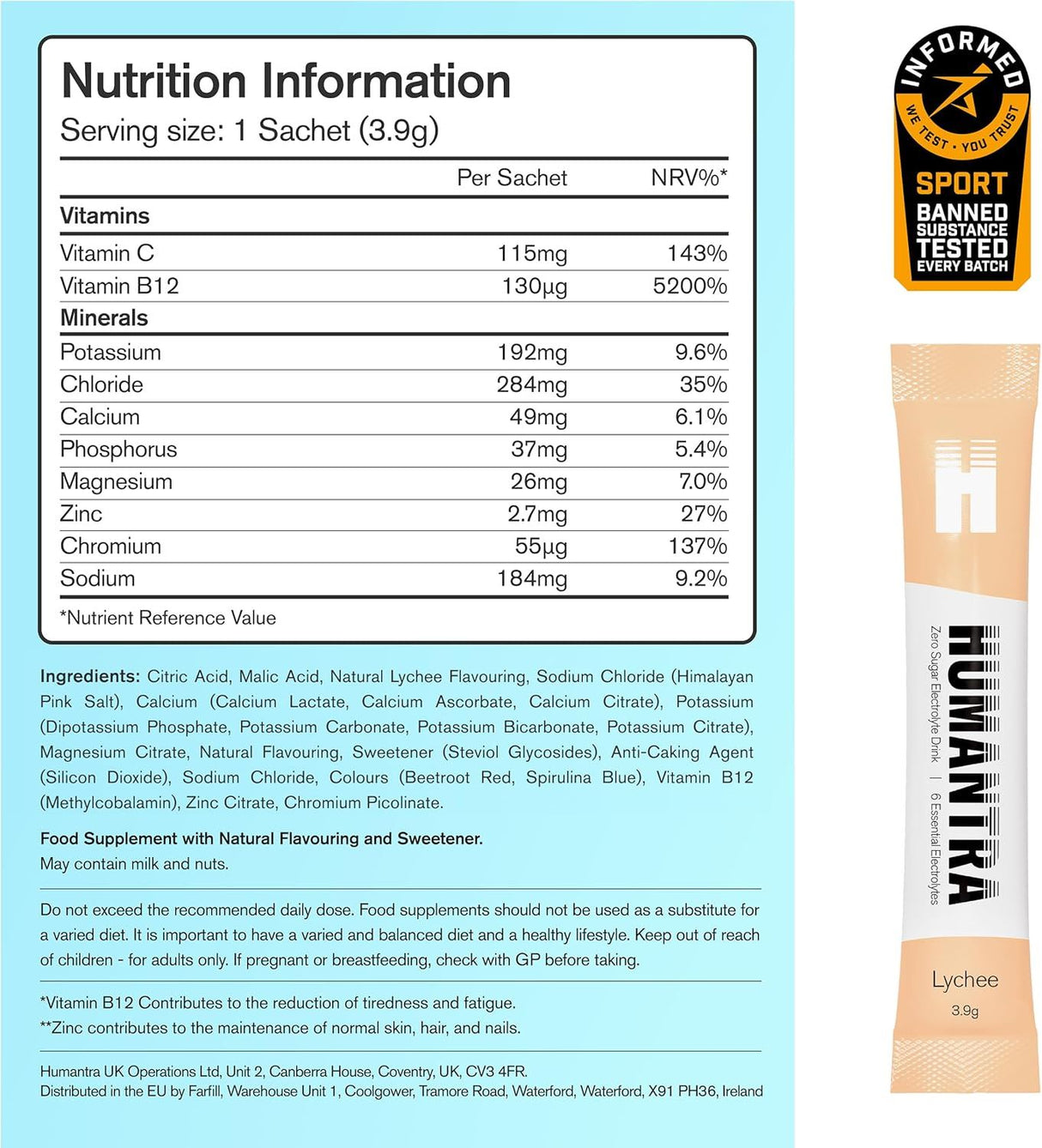 Humantra Electrolyte Powder Lychee 20 Sachets - Hydration Drink Mix with 6 Electrolytes, Vegan, Sugar Free, Gluten Free