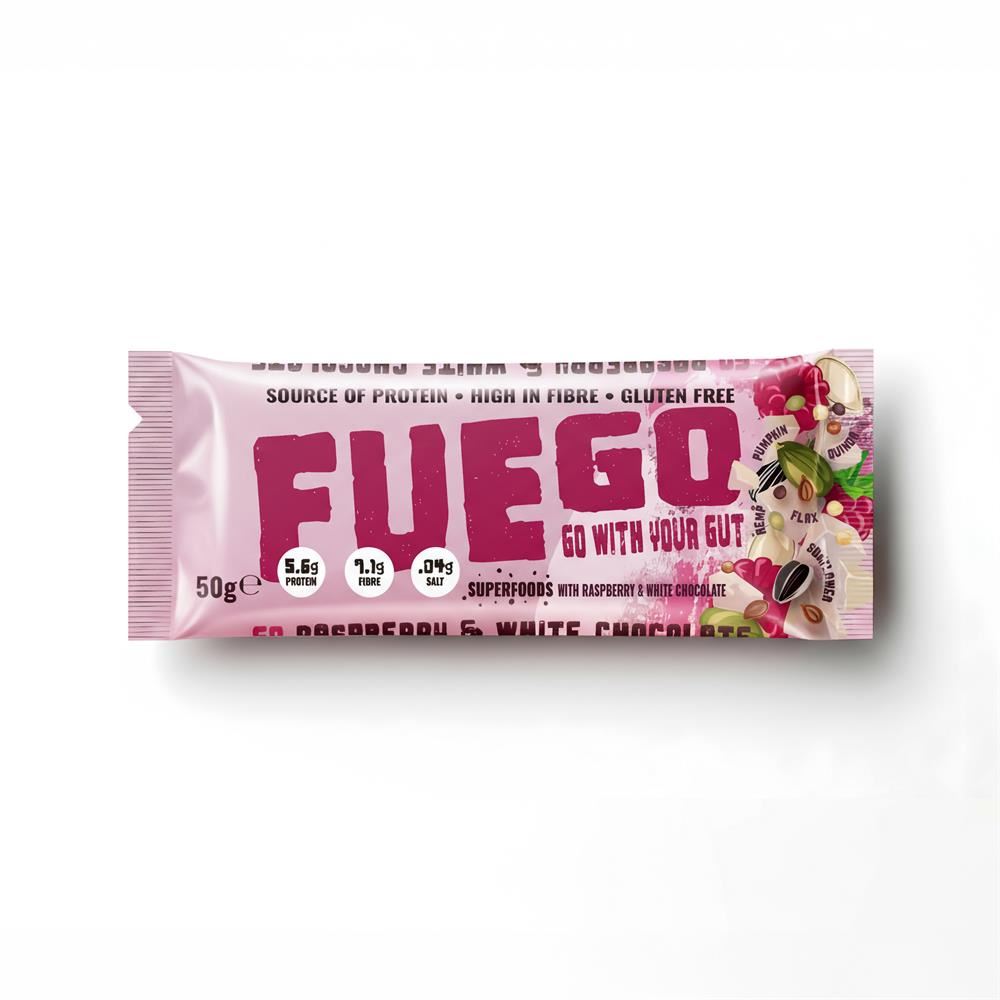 Fuego Go With Your Gut Raspberry & White Choc Superfood Fibre Bar 50g - 16 Pack