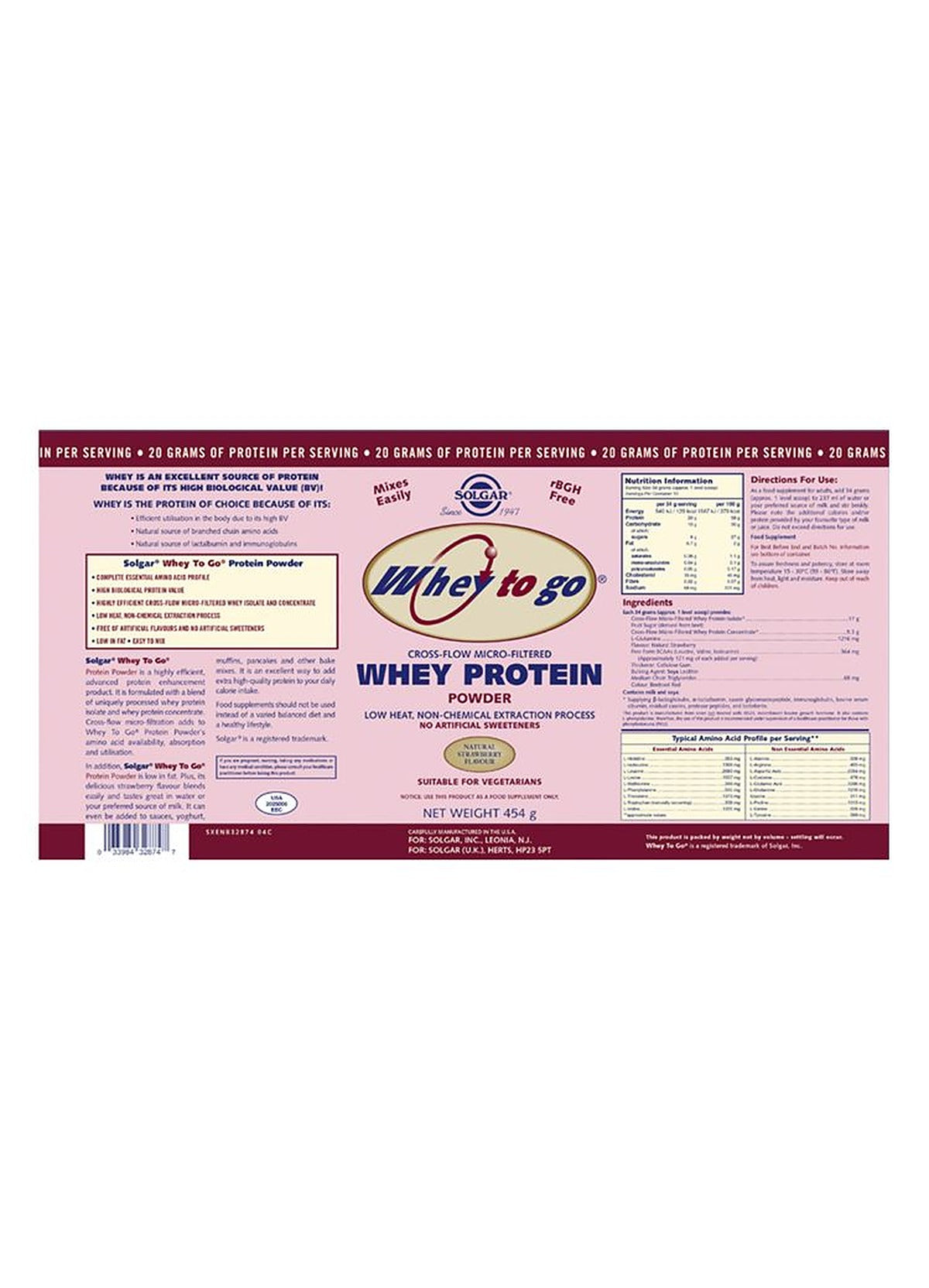 Solgar Whey To Go Natural Strawberry Flavour Protein Powder - 454 g - image 3