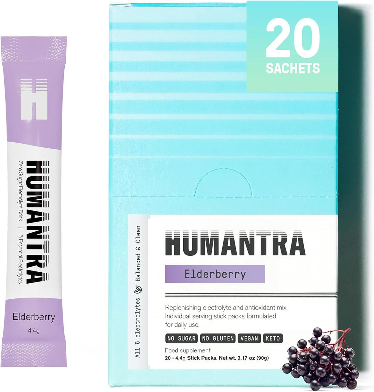 Humantra Electrolyte Powder Elderberry 20 Sachets - Hydration Drink Mix with 6 Electrolytes, Vegan, Sugar Free, Gluten Free