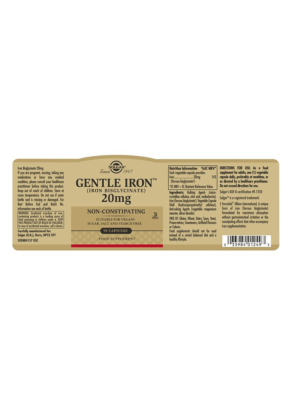 Solgar Gentle Iron (Iron Bisglycinate) 20 mg - 90 Vegicaps - image 3