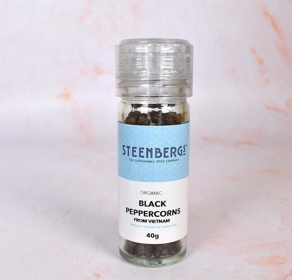 Steenbergs Organic Black Peppercorns in Grinder Jar 40g