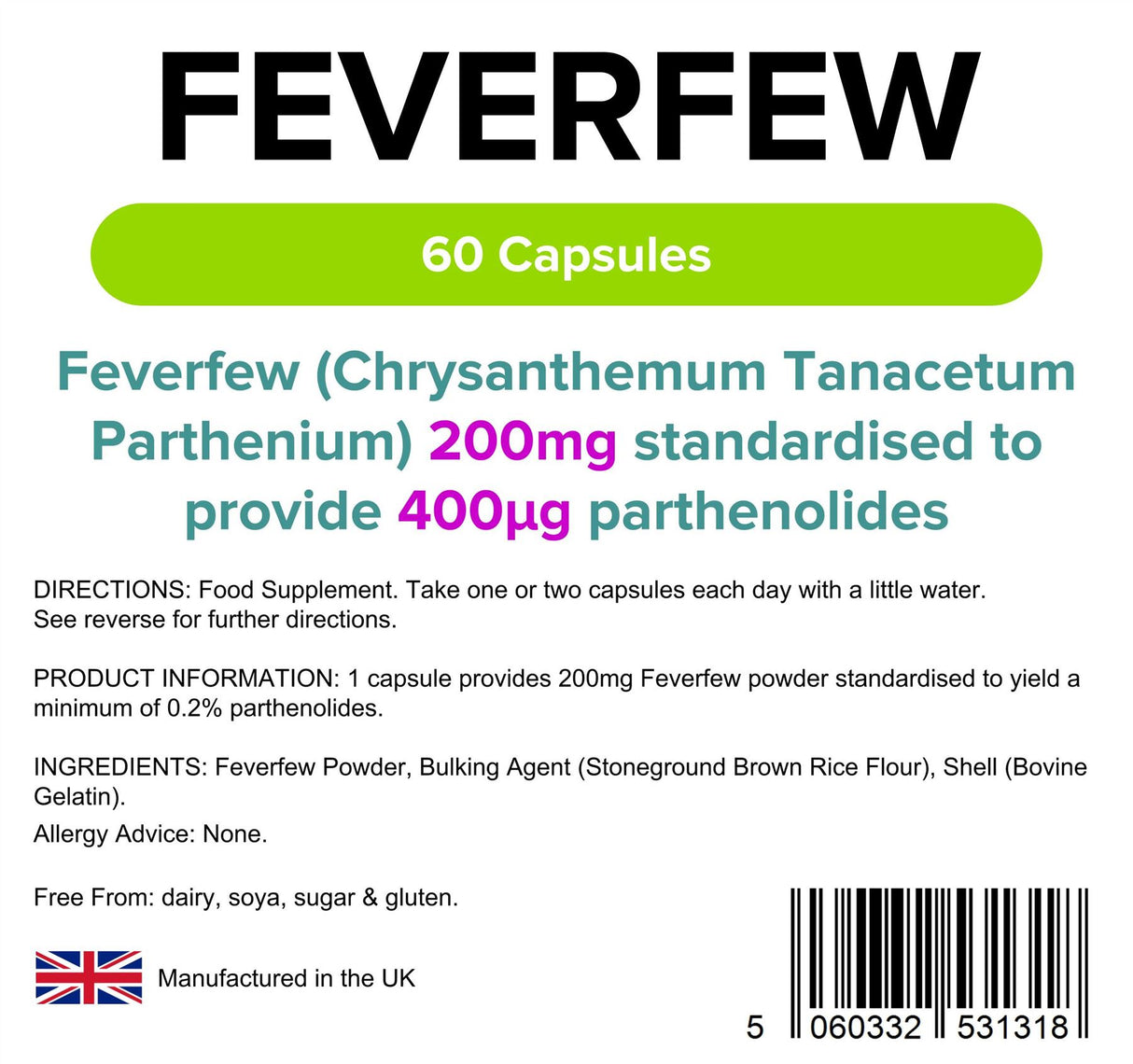 Lindens Feverfew 200mg - 60 Capsules