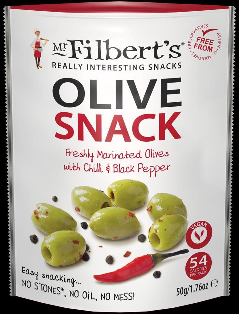 Mr Filberts Green Chilli and Black Pepper Olives 50g - 12 Pack