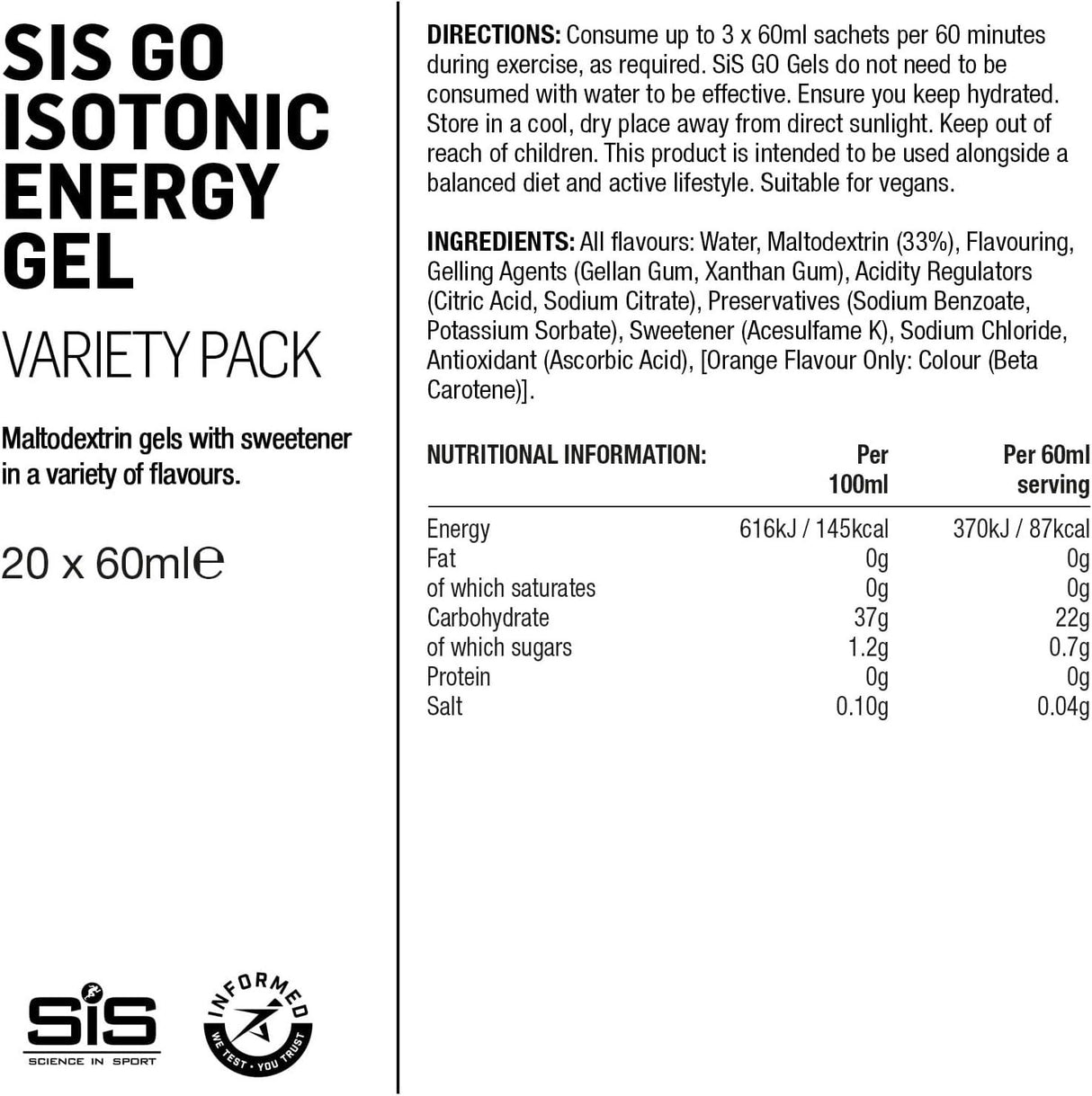 Science in Sport (SIS) GO Isotonic Gel Variety Pack - Pack of 20 x 60ml gels