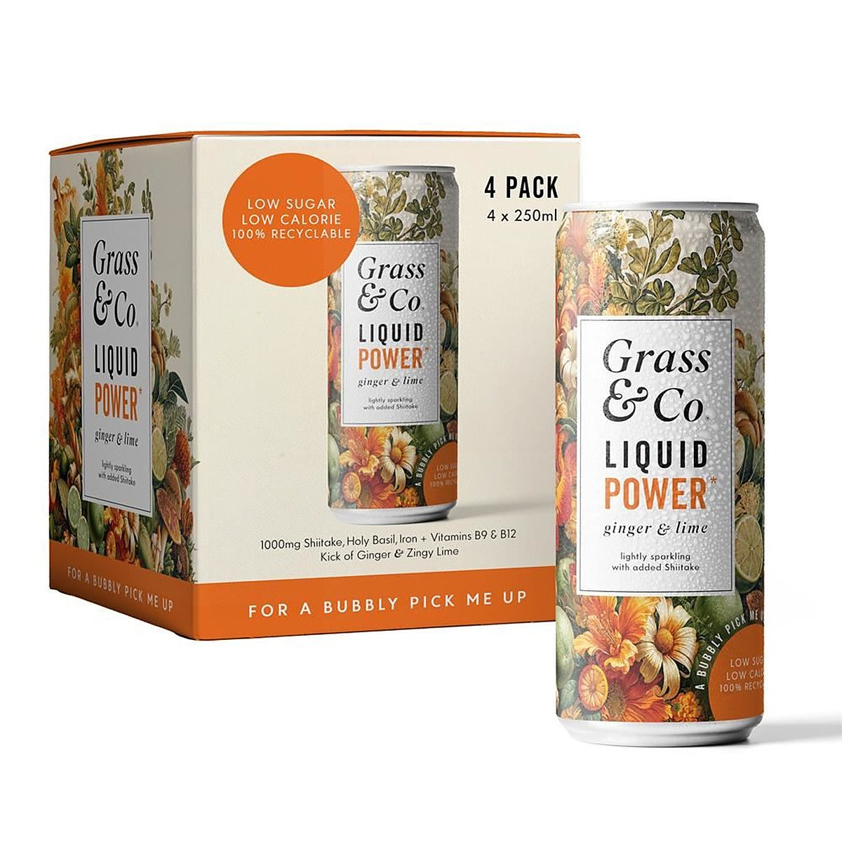 Grass and Co 4 pack of Liquid POWER Ginger Lime & Shiitake Nootropic Drink