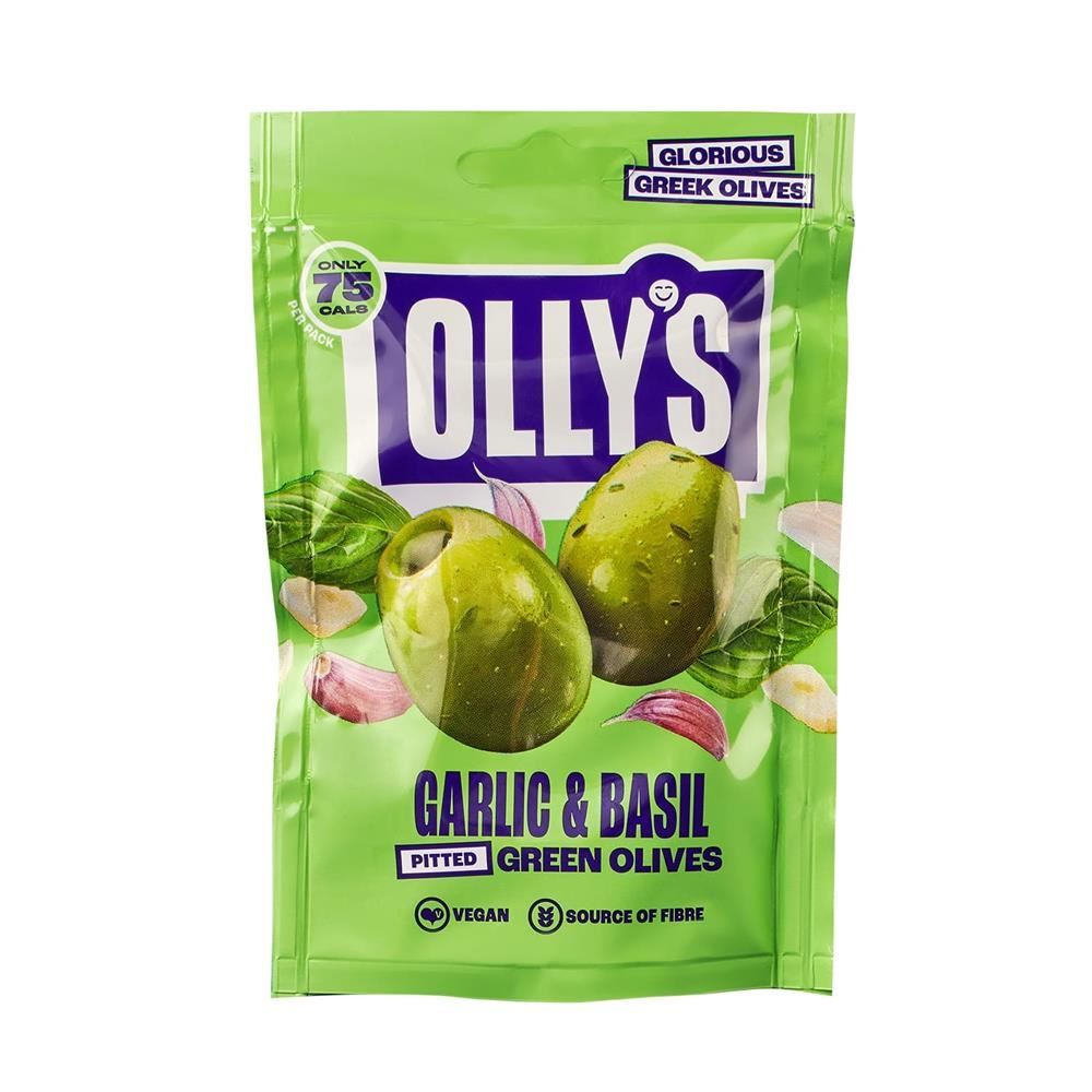 Ollys The Connoisseur Garlic & Basil Green Olives 50g - 12 Pack