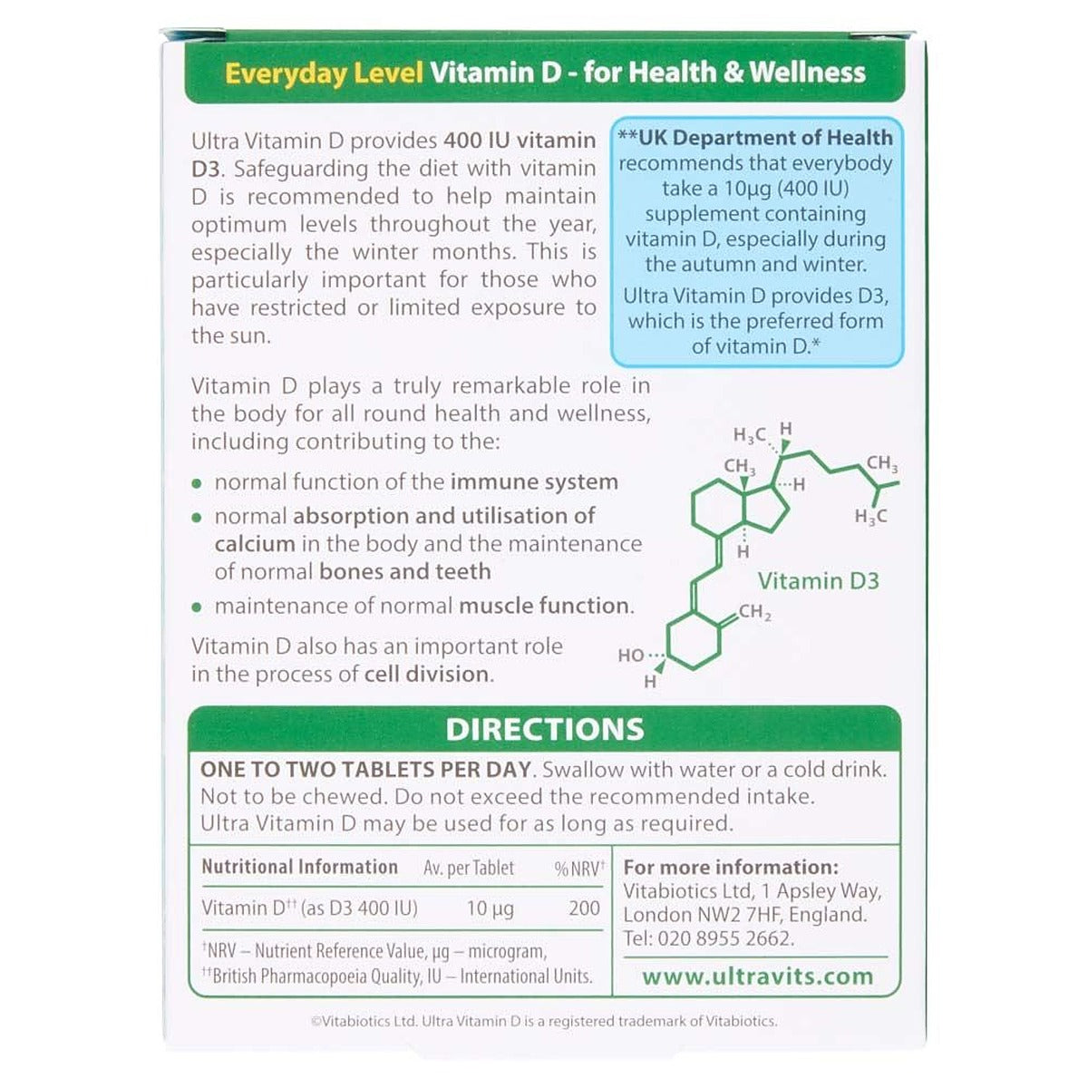 Vitabiotics Ultra Vitamin D3 400 IU - 96 Tablets - image 2