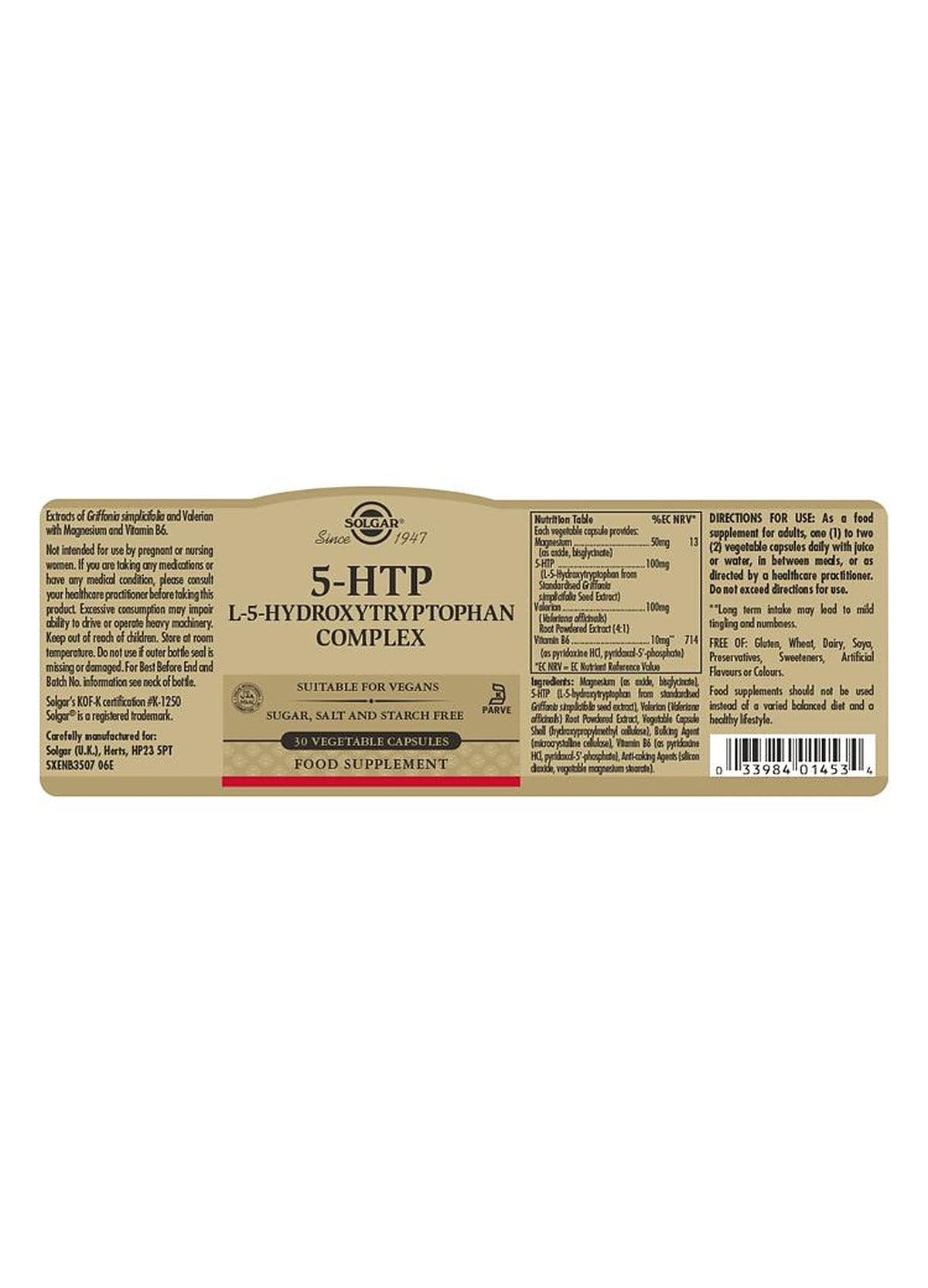 Solgar 5-HTP L-5-Hydroxytryptophan Complex - 30 Vegicaps - image 3