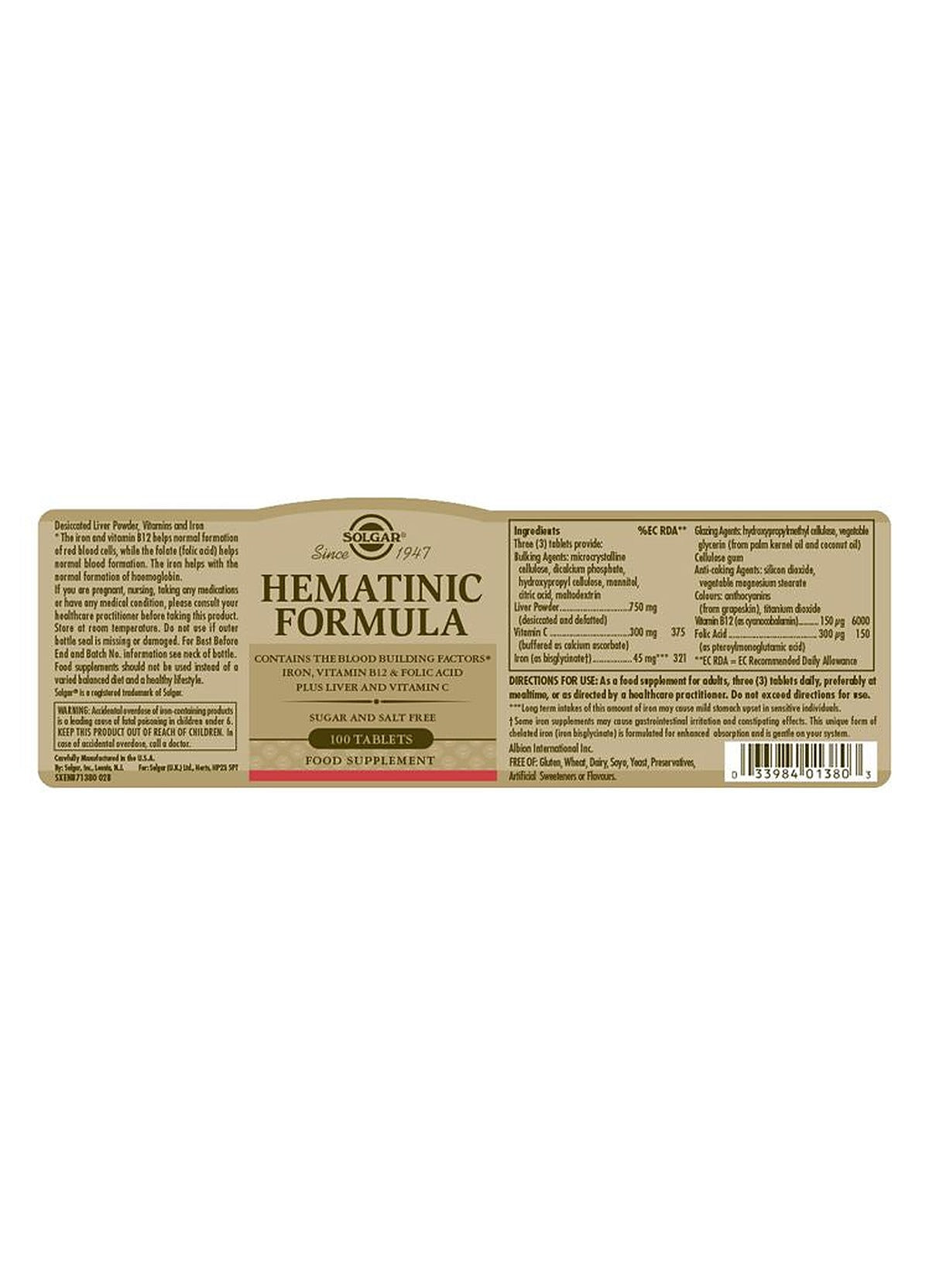 Solgar Hematinic Formula - 100 Tablets - image 3