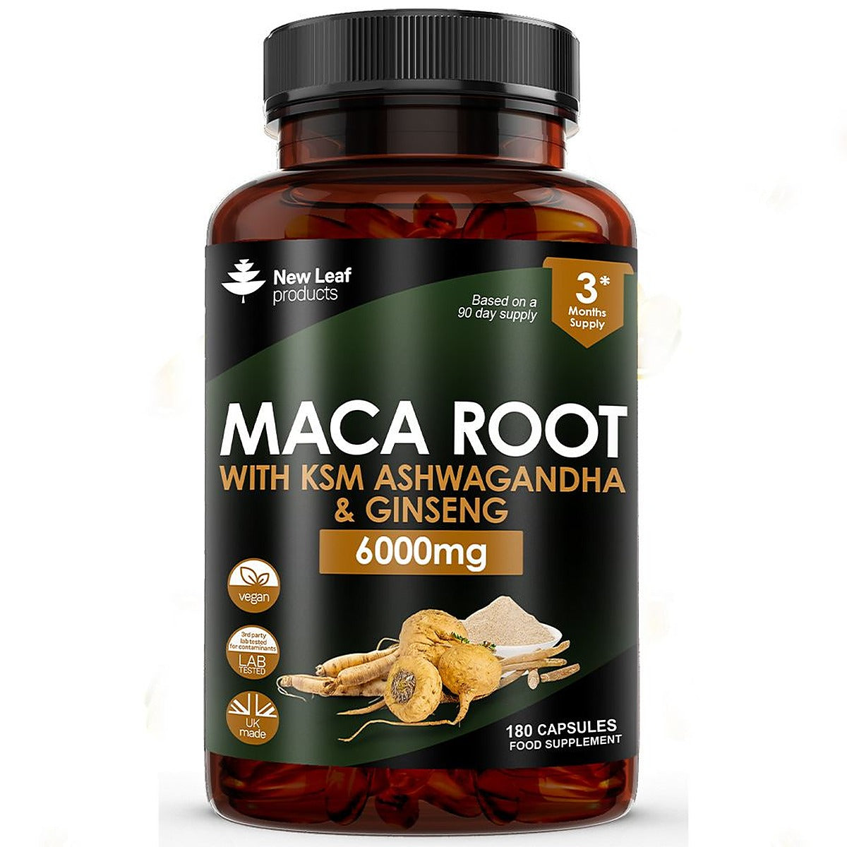 New Leaf Products Maca Root + KSM-66 Ashwagandha and Ginseng 6000mg 180 Capsules