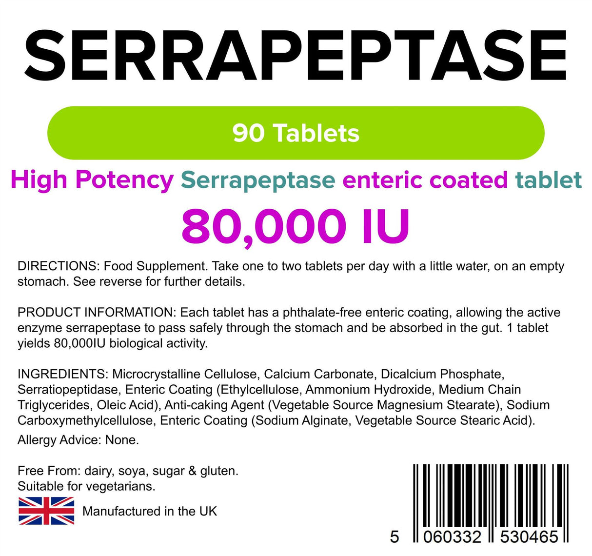 Lindens Serrapeptase 80,000IU - 90 Tablets