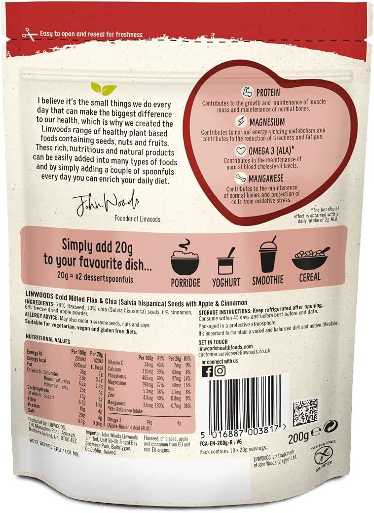 Linwoods Cold Milled Flaxseed, Chia Seed, Apple & Cinnamon 200g