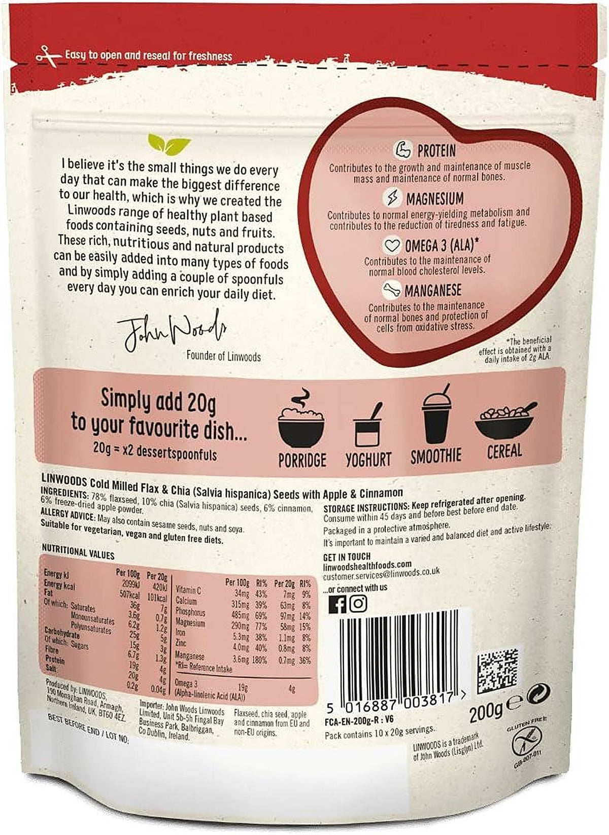 Linwoods Cold Milled Flaxseed, Chia Seed, Apple & Cinnamon 200g - image 2
