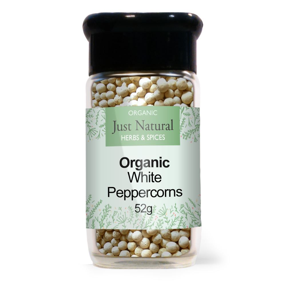 Just Natural Herbs Organic White Peppercorns (Glass Jar) 52g