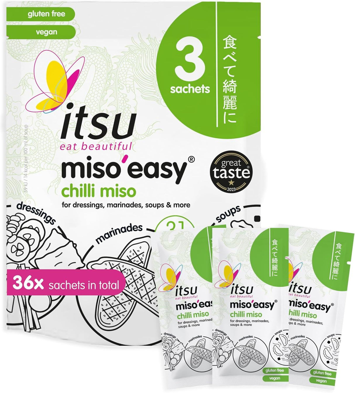 Itsu Chilli Miso'easy Traditional Instant Miso Paste 60g (3x20g Sachets) - Pack of 12 (36 Soups)