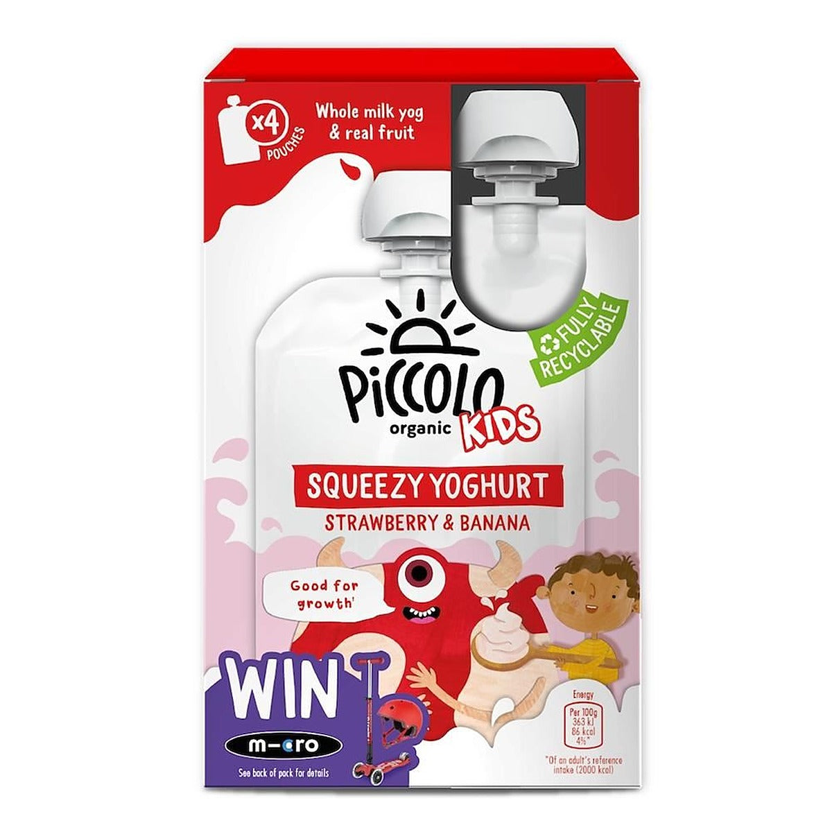 Piccolo Organic Kids Strawberry & Banana Squeezy Yoghurt 4x100g