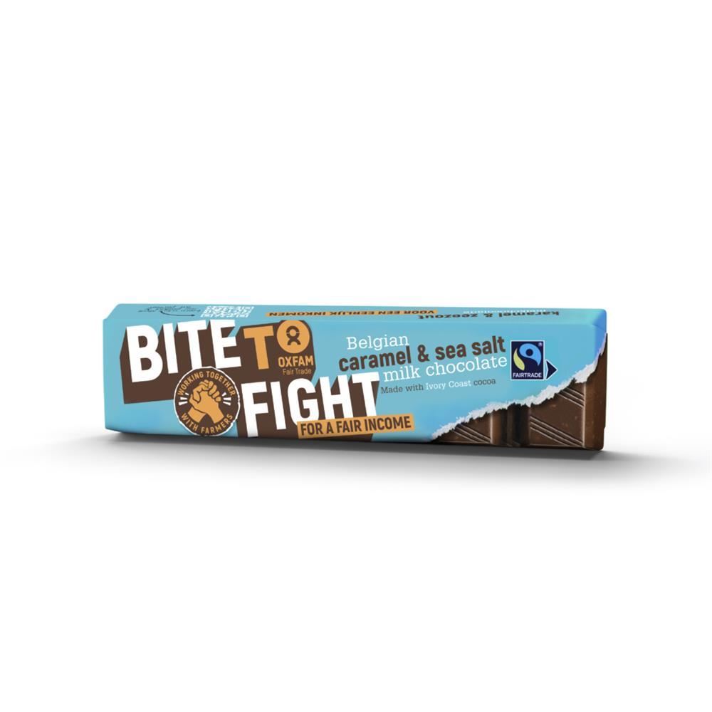 Oxfam Fair Trade BITE TO FIGHT Milk Chocolate Caramel Sea Salt 47g - 35 Pack