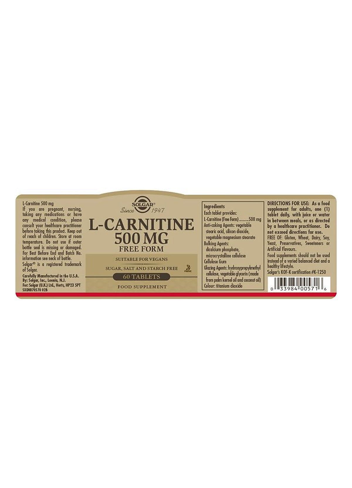 Solgar L-Carnitine 500 mg - 60 Tablets - image 3