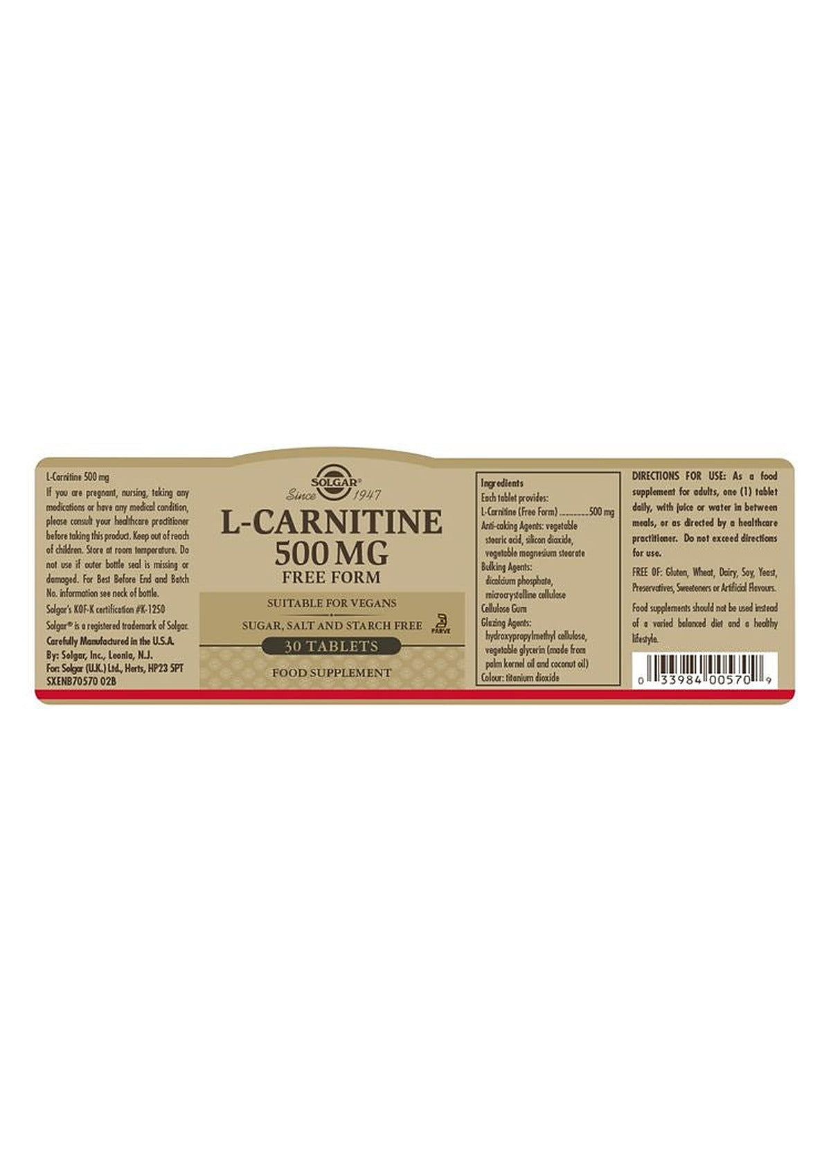 Solgar L-Carnitine 500 mg - 30 Tablets - image 3