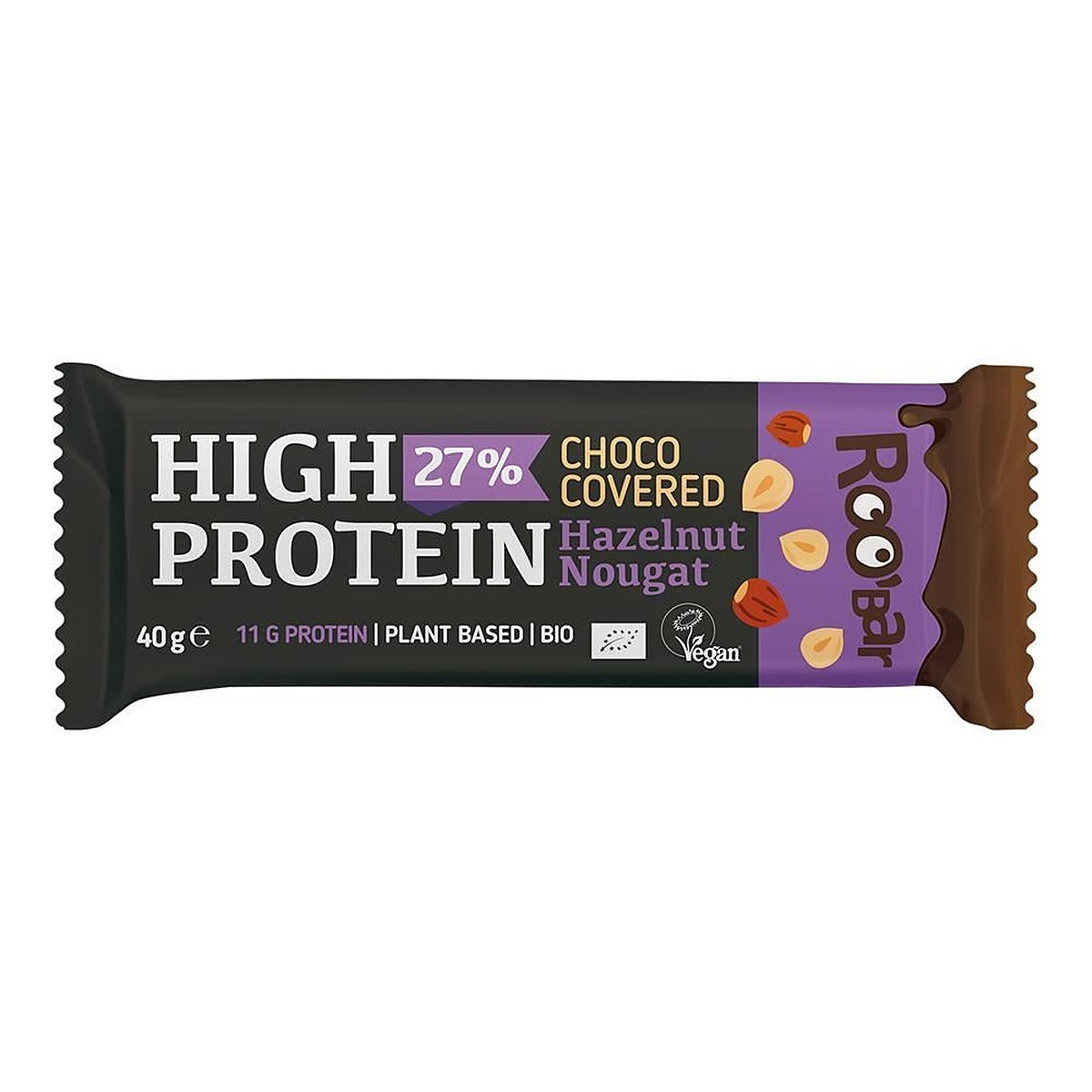 Roobar High Protein Chocolate Covered Bar with Hazelnut Nougat 40g - 16 Pack