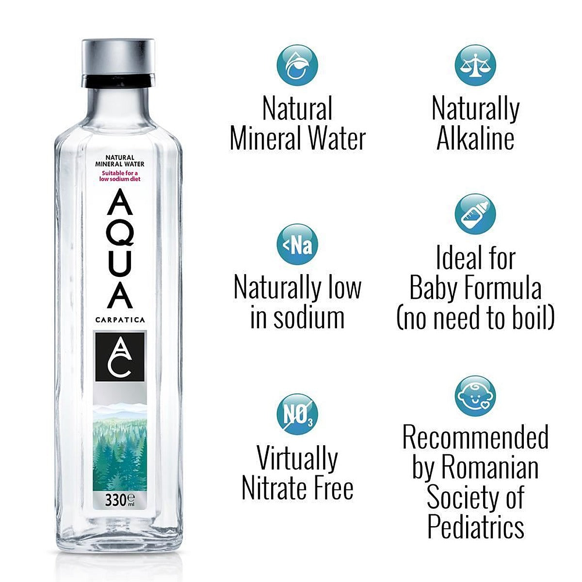 AQUA Carpatica Still Natural Mineral Water 330ml GLASS Sodium Free - 12 Pack