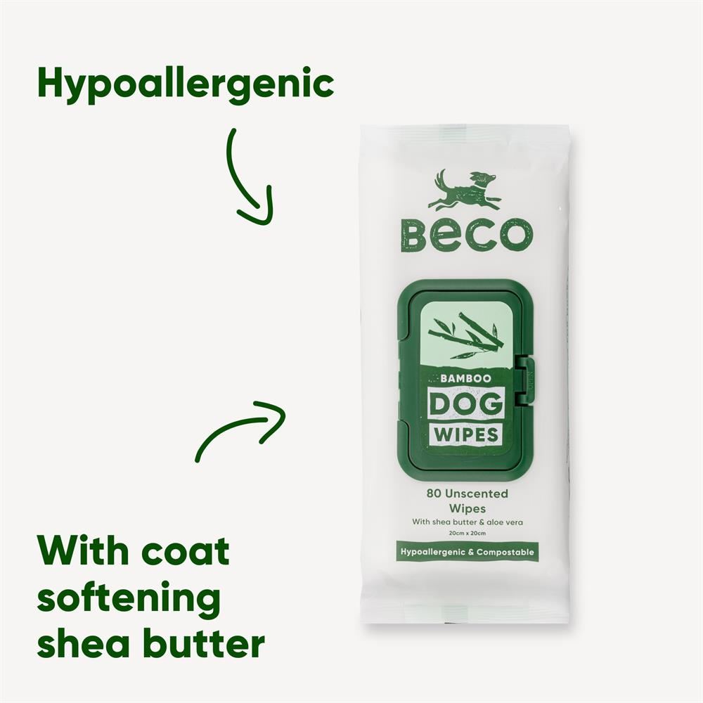 Beco Gentle Dog wipes infused with shea butter and aloe vera. 80pack