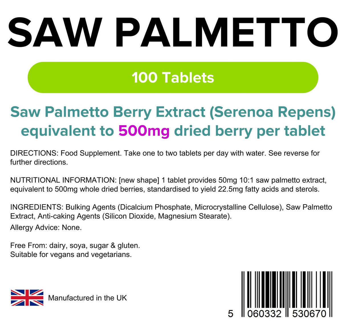 Lindens Saw Palmetto 500mg - 100 Tablets