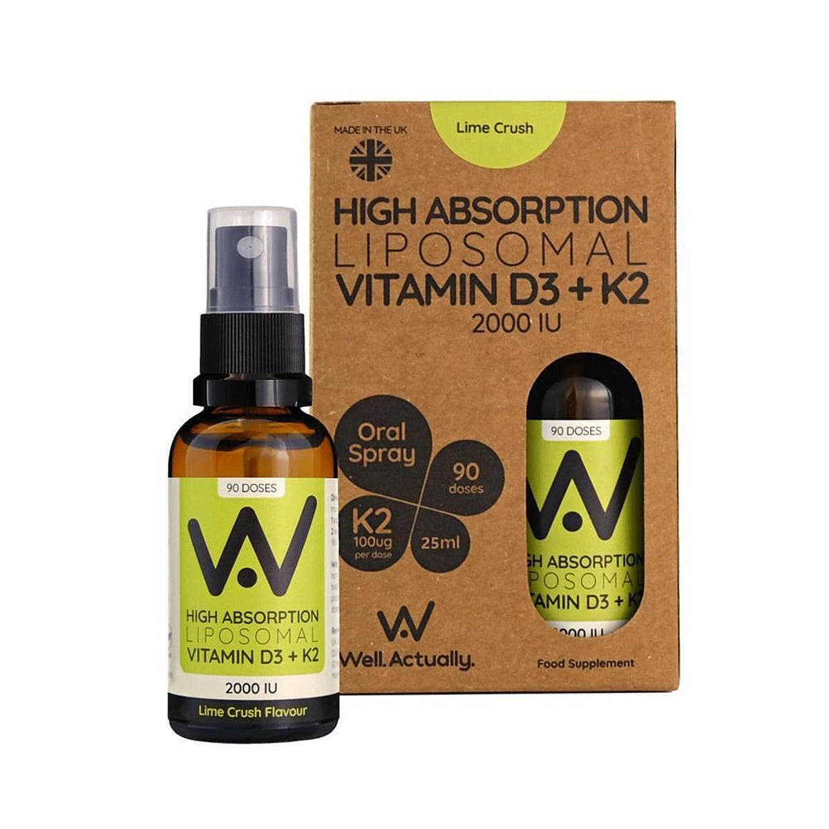 Well Actually Vit D3 (2000IU's) + K2 (100mcg) - Liposomal Spray - Lime 25ml